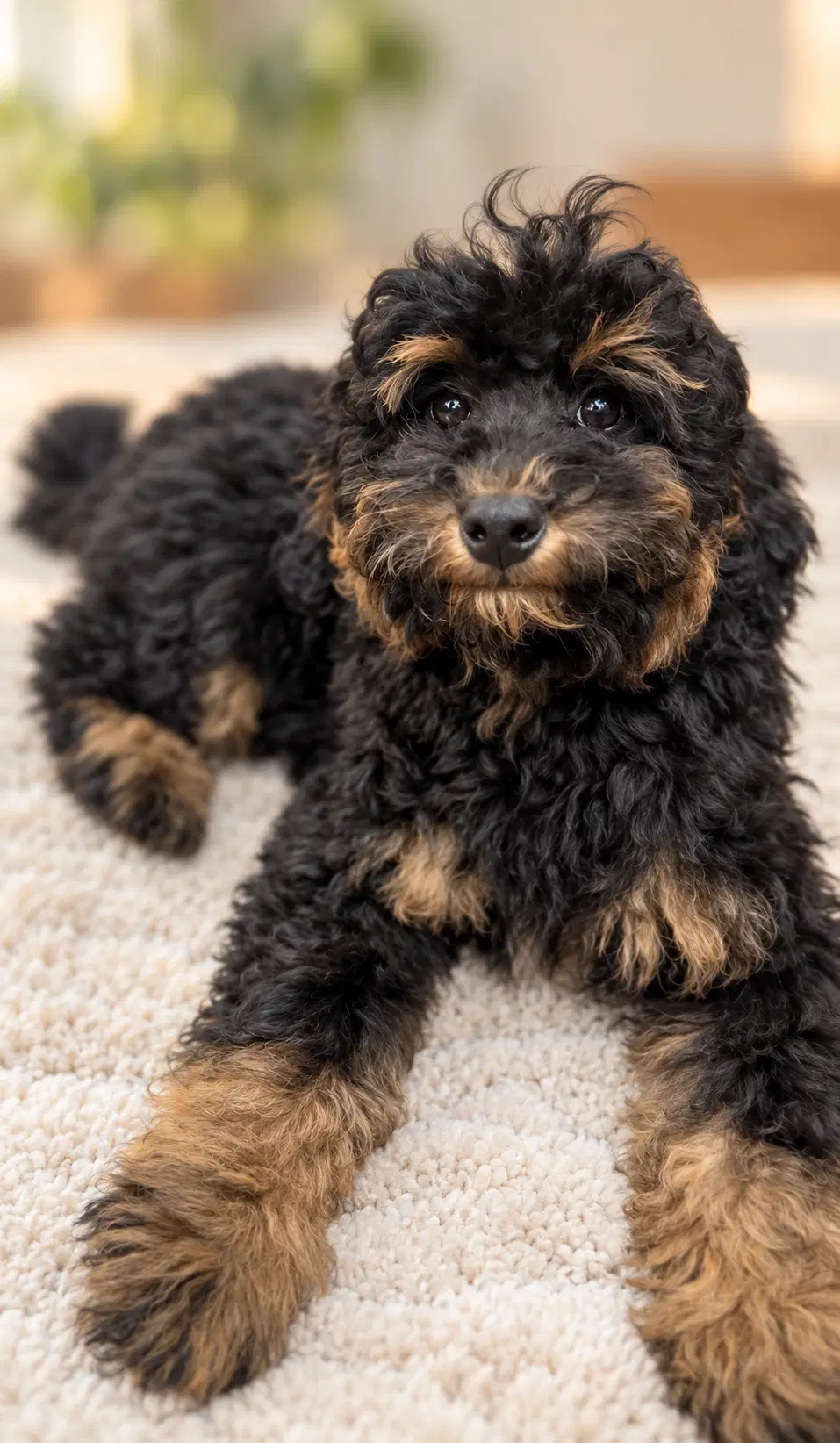 Spot, a black-and-tan Bernedoodle puppy with a soft curly coat